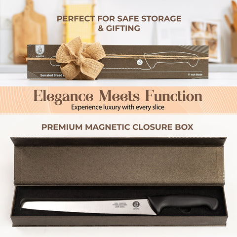 ABIOTO 11 - Inch Serrated Bread Knife - Exceptional Sharpness, Ergonomic Handle, Premium Stainless Steel - Abioto Baking