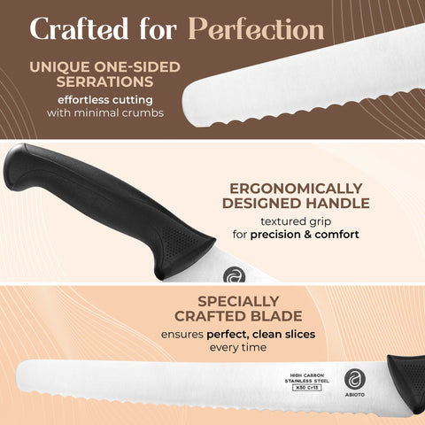 ABIOTO 11 - Inch Serrated Bread Knife - Exceptional Sharpness, Ergonomic Handle, Premium Stainless Steel - Abioto Baking