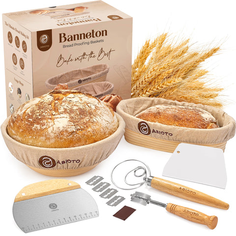 ABIOTO Bread Proofing Kit with Rattan Baskets, Danish Whisk, Bread Lame & Dough Scrapers - Abioto Baking