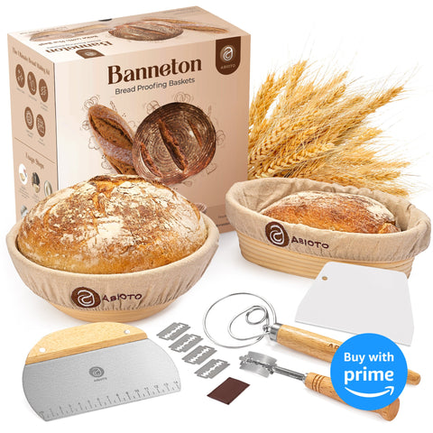 ABIOTO Bread Proofing Kit with Rattan Baskets, Danish Whisk, Bread Lame & Dough Scrapers - Abioto Baking