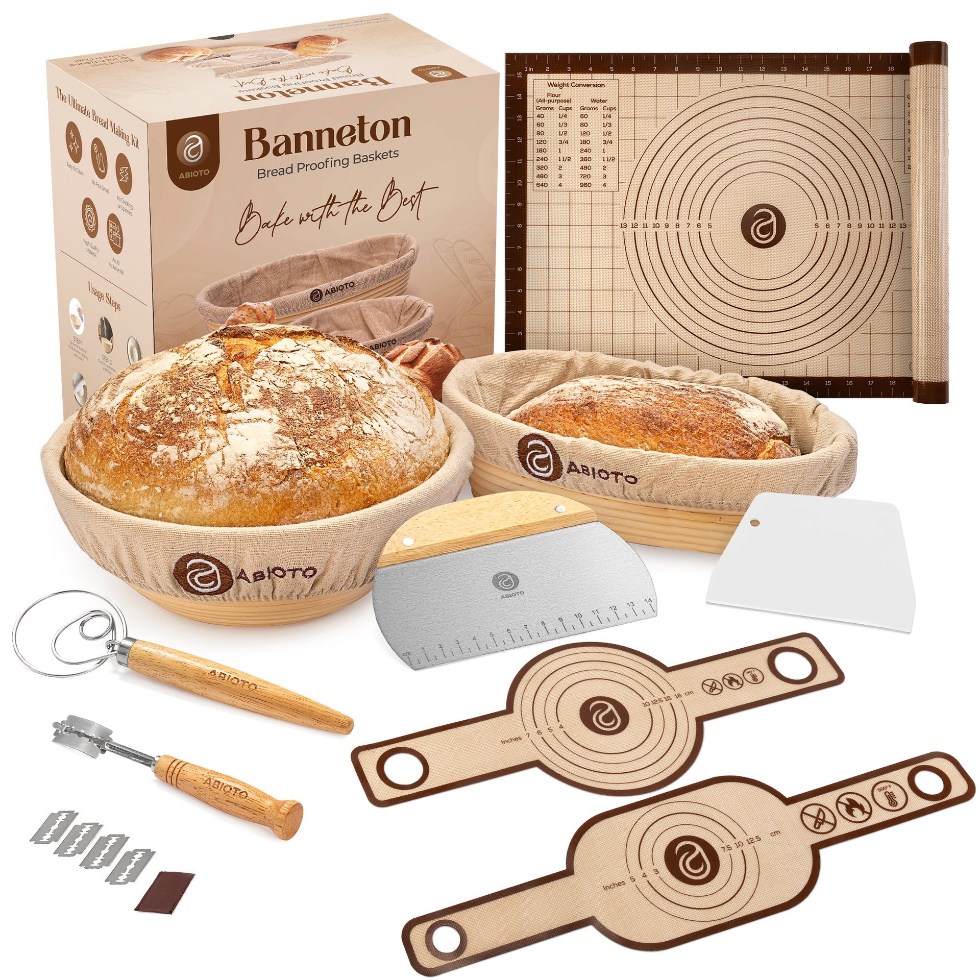 ABIOTO Extended Bread Proofing Kit with Baskets, Baking Mat, Slings, Danish Whisk & Bread Lame - Small Extended