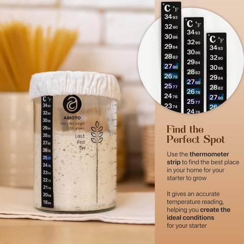 ABIOTO Sourdough Starter Kit with Glass Jar, Spatula, Covers & Thermometer Strips - Perfect for Bakers - Abioto Baking