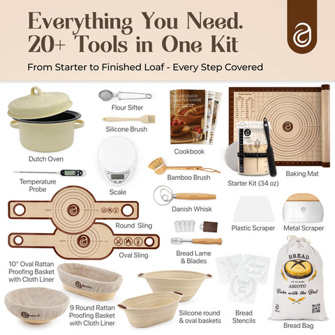 Sourdough Starter Kit with Dutch Oven and Scale - Complete Sourdough Kit with Proofing Baskets, 34oz Jar, Slings, and Other Premium Bread Making Tools - Abioto Baking